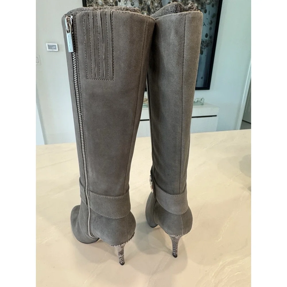 Michael Kors Caroline Boots Womens 5M Gray Suede Embossed Leather KNEE HIGH NIB